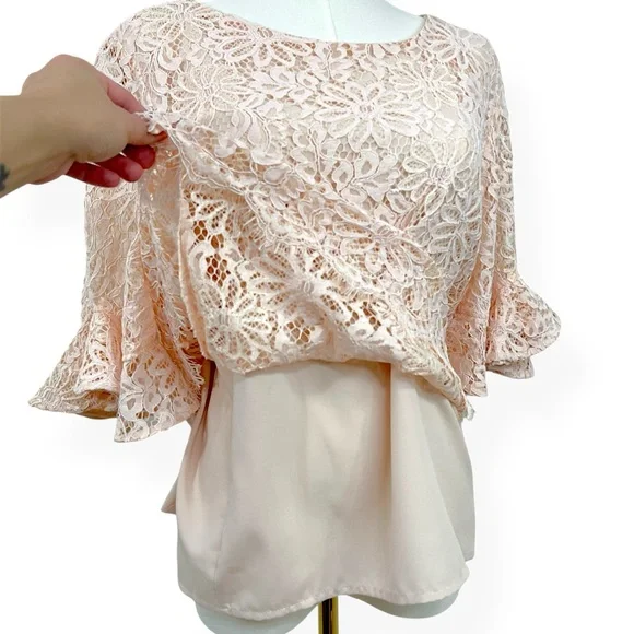 Nanette Lepore Floral Lace Crew Neck Bell Sleeve Top Shirt Large Light Pink - Picture 3 of 14